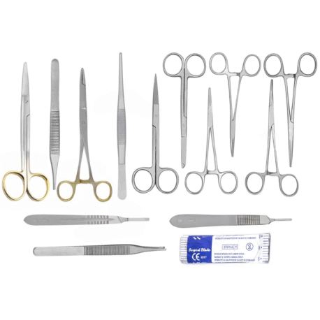 A premium 23-piece minor surgery kit by Curemed International, crafted from high-grade stainless steel with Tungsten Carbide-enhanced instruments. Fully autoclavable, reusable, and ideal for clinical procedures and medical professionals.
